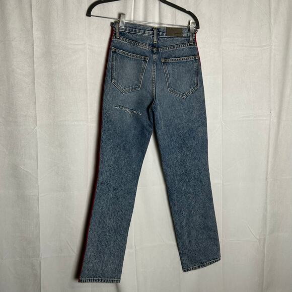 Carmen Straight Thrashed Distressed High Rise Red Tuxedo Stripe Denim Blue Jeans - Picture 2 of 10